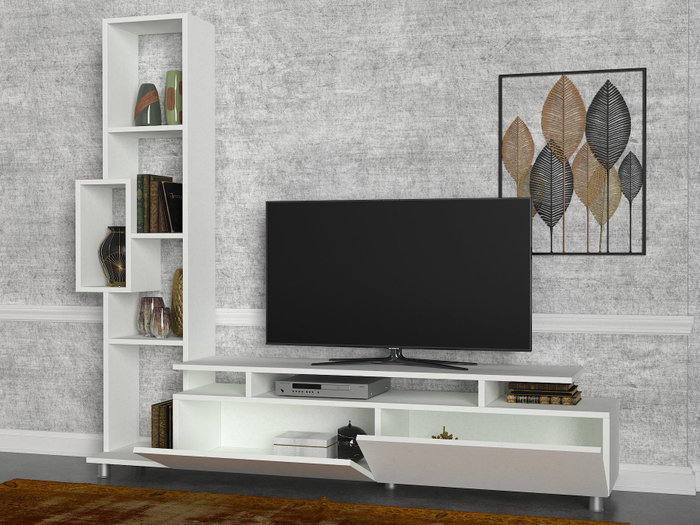 Hanah Home Mueble de TV Escandinavo Tulip Blanco con Almacenamiento y Estantería Salón